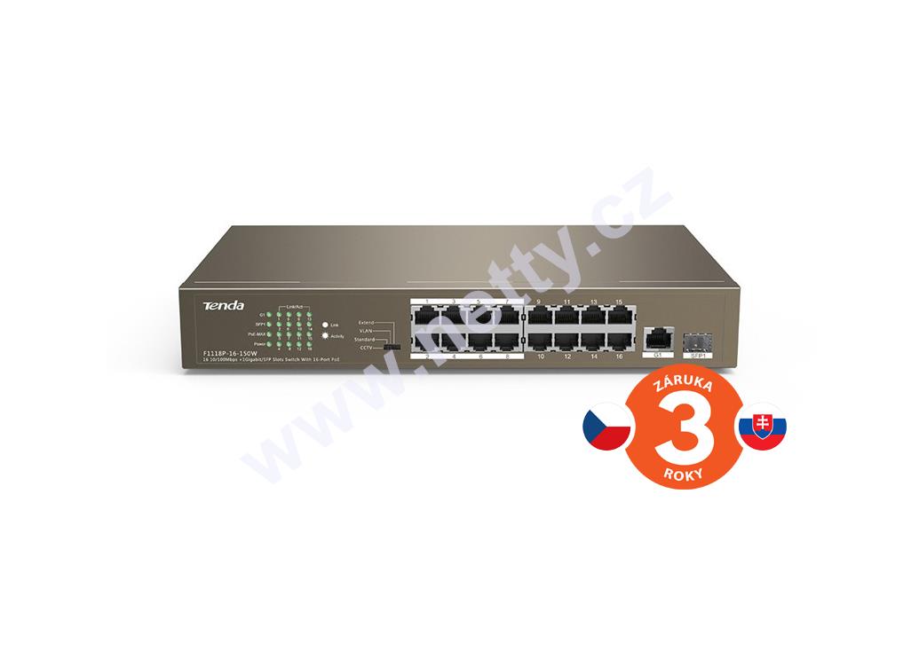 Tenda TEF1118P-16-150W switch (16xPoE 802.3af/at 10/100Mbps,1xUplink RJ45/SFP 1Gbs),135W