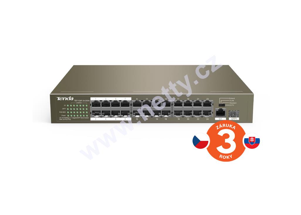 Tenda TEF1126P-24-250W switch (24xPoE 802.3af/at 10/100Mbps,Uplink 1xRJ45+1xSFP 1Gbs),250W