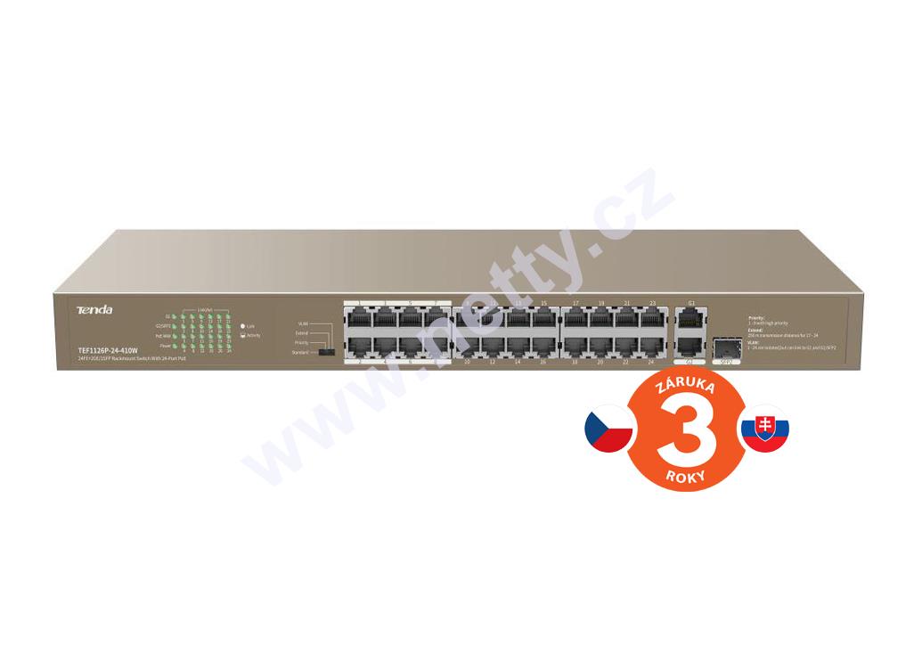 Tenda TEF1126P-24-410W switch(24xPoE 802.3af/at 10/100Mbps, Uplink 1xRJ45+1xSFP 1Gbs),370W