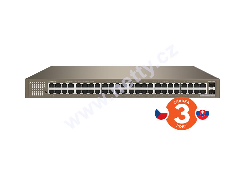 Tenda TEG1050F switch,  48×RJ45 10/100/1000Mbps + 2x SFP 1Gbps, VLAN, Rackmount, Fanless