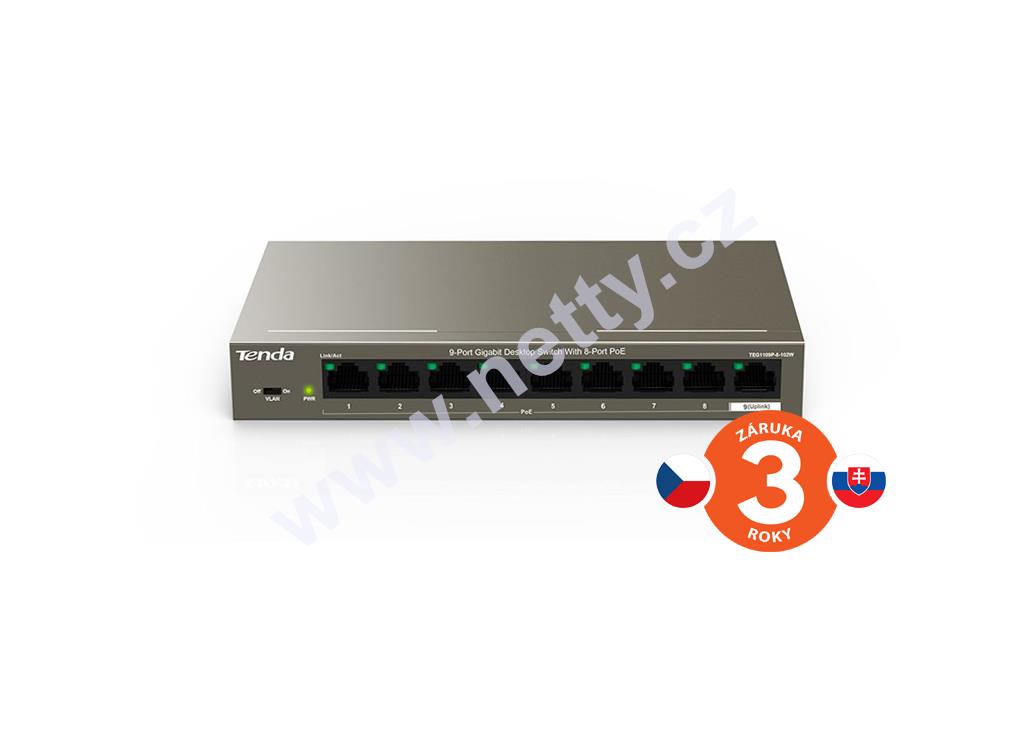Tenda TEG1109P-8-102W 9xRJ45 Gigabit Switch s 8x PoE 802.3af/at + 1x Uplink 10/100/1000Mbp