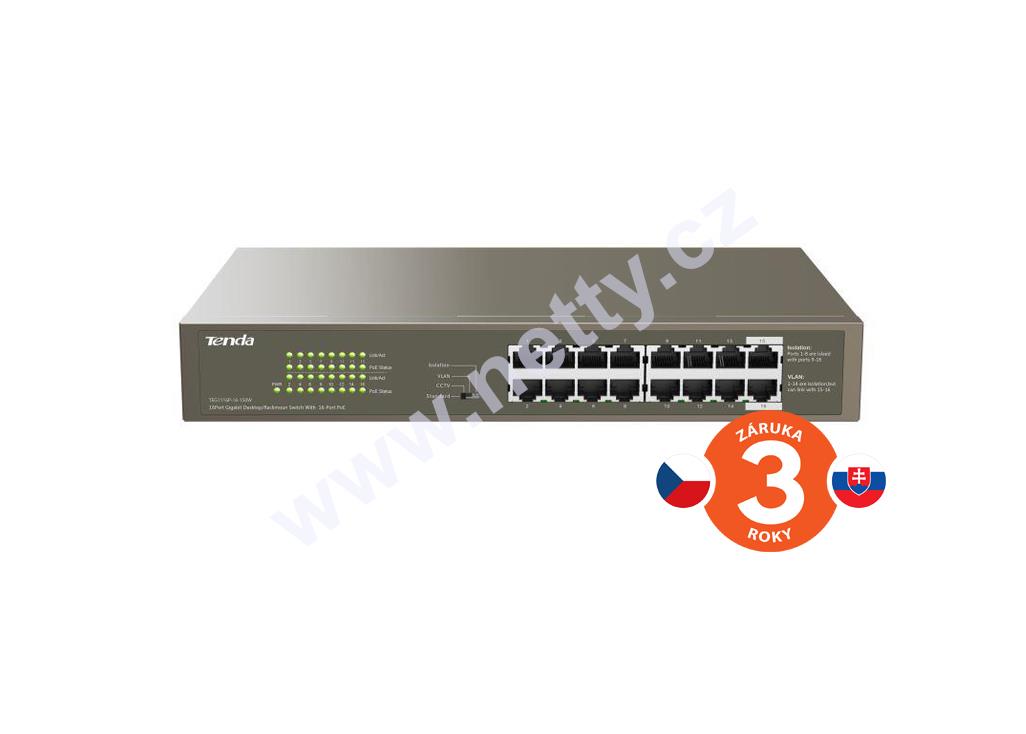 Tenda TEG1116P-16-150W 16xRJ45 Switch s 16xPoE 802.3af/at, 10/100/1000Mbps, 135W, fanless