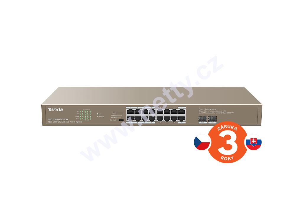 Tenda TEG1118P-16-250W 16xRJ45 Switch + 2x SFP, 16xPoE 802.3af/at, 10/100/1000Mbps, 230W