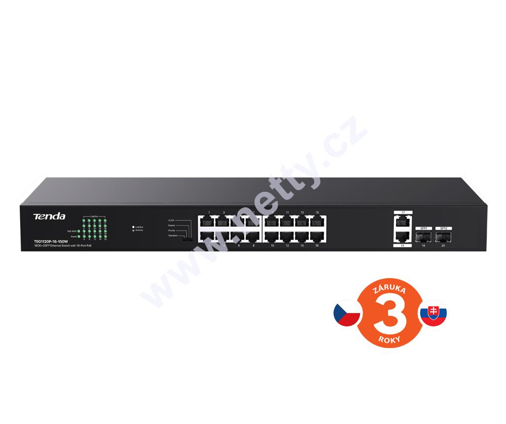 Tenda TEG1120P-16-150W: 16×PoE 802.3af/at 10/100/1000 Mb/s, Uplink 2×RJ45 + 2×SFP, 130 W