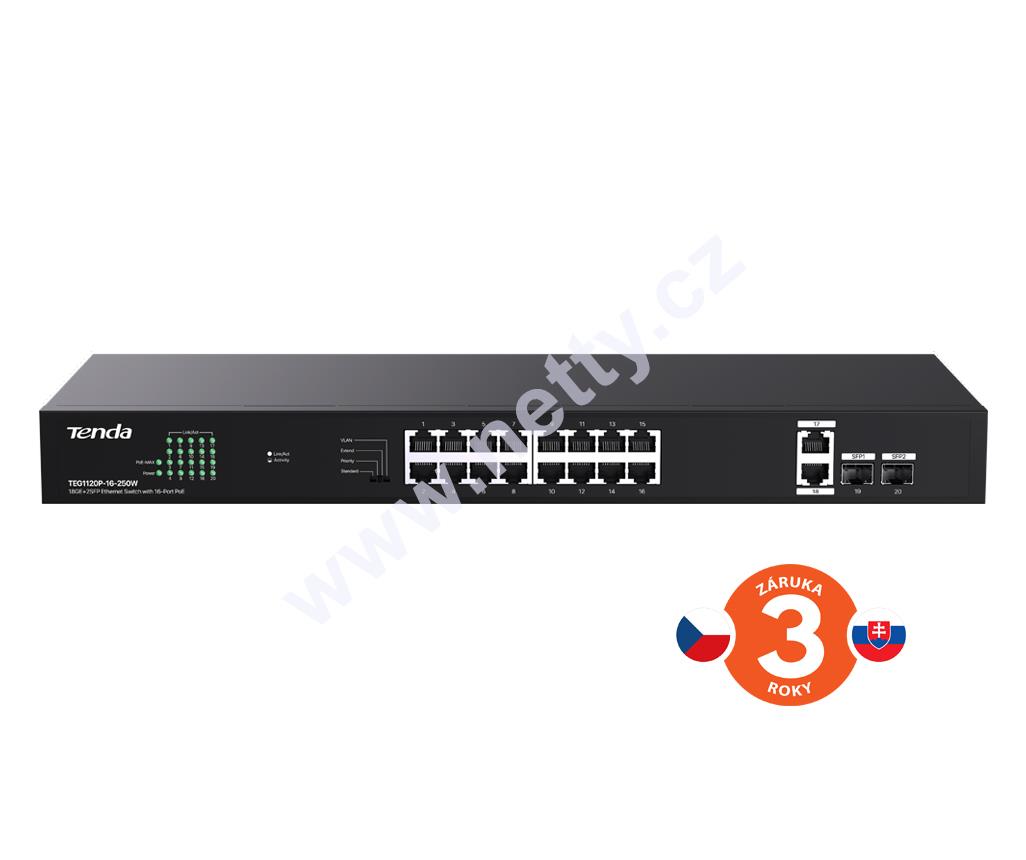 Tenda TEG1120P-16-250W: 16×PoE 802.3af/at 10/100/1000 Mb/s, Uplink 2×RJ45 + 2×SFP, 230 W