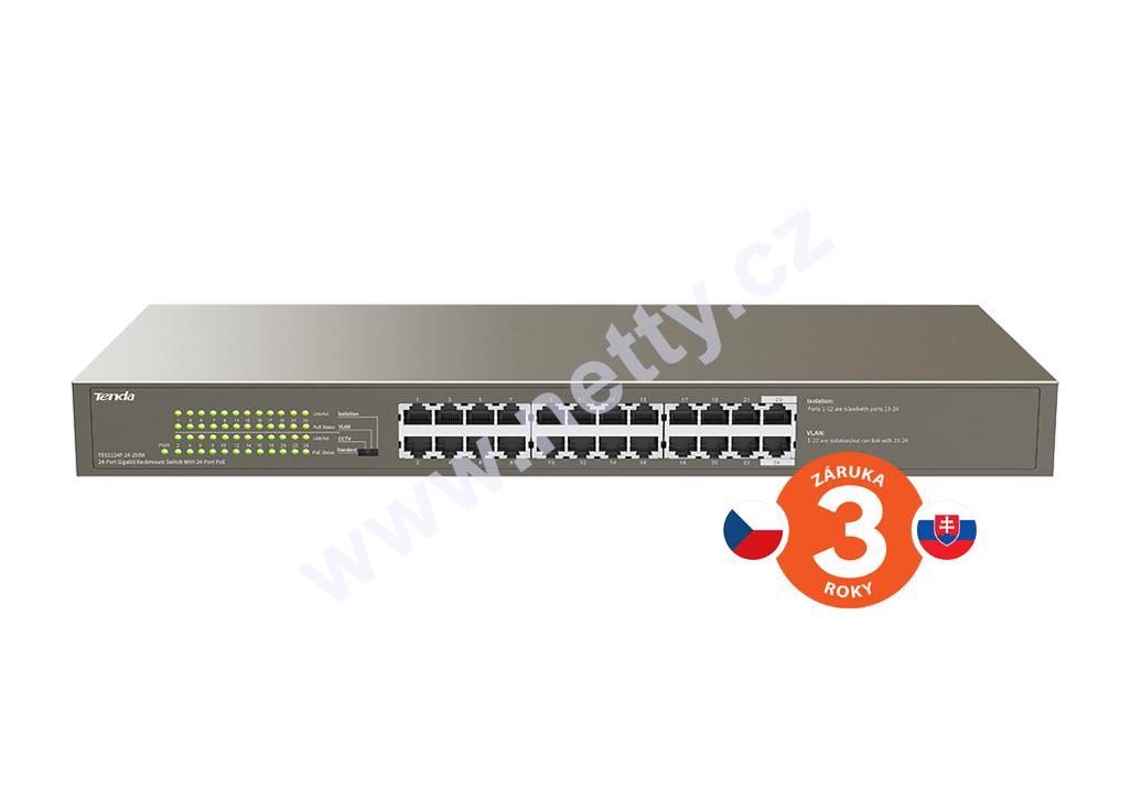 Tenda TEG1124P-24-250W 24x RJ45 Switch s 24x PoE RJ45 802.3af/at 10/100/1000Mbps, VLAN,6kV