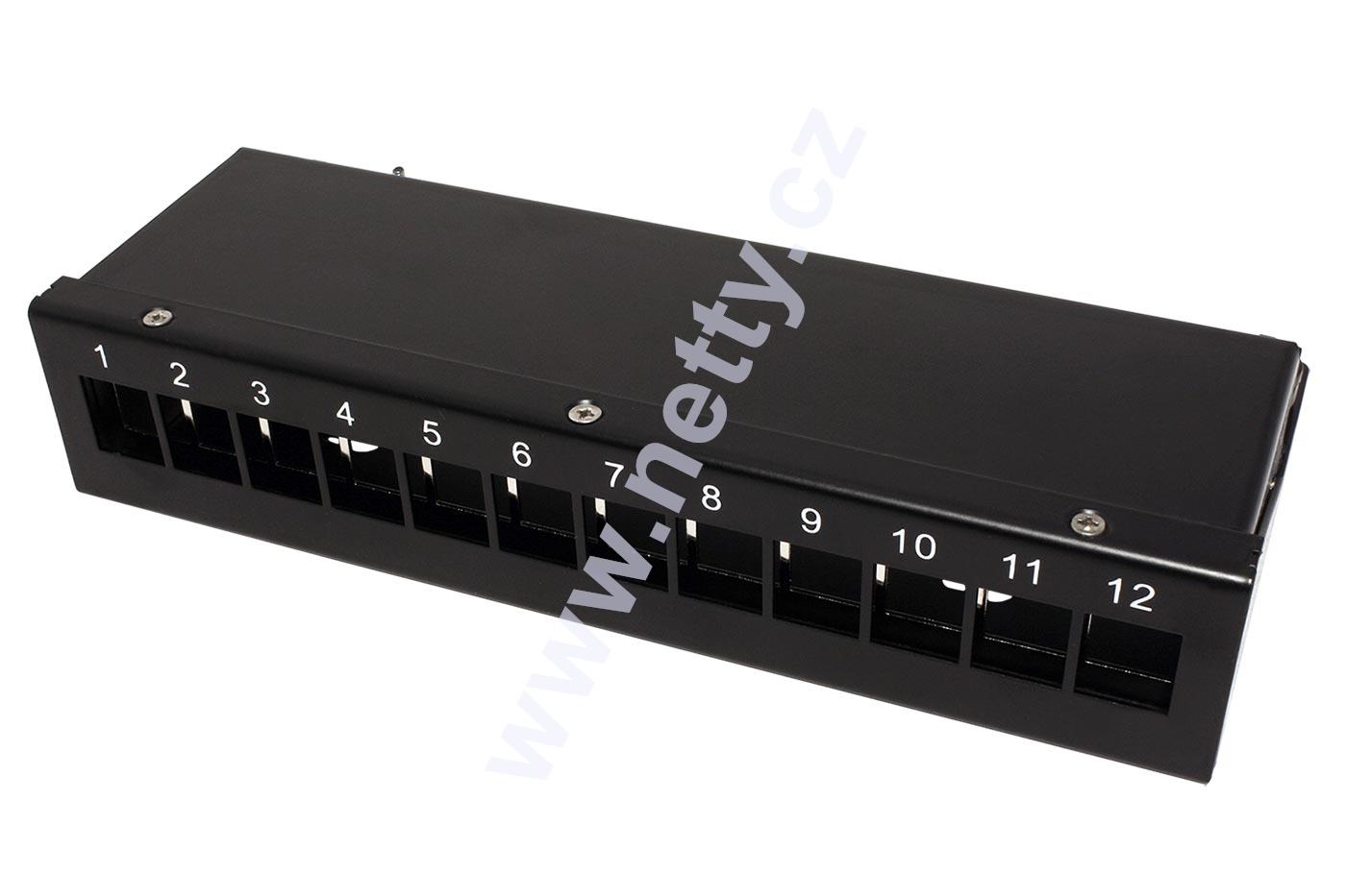 Patch panel pro keystone moduly UTP/STP, neosazený, černý, 12 portů, pro povrchovou montáž