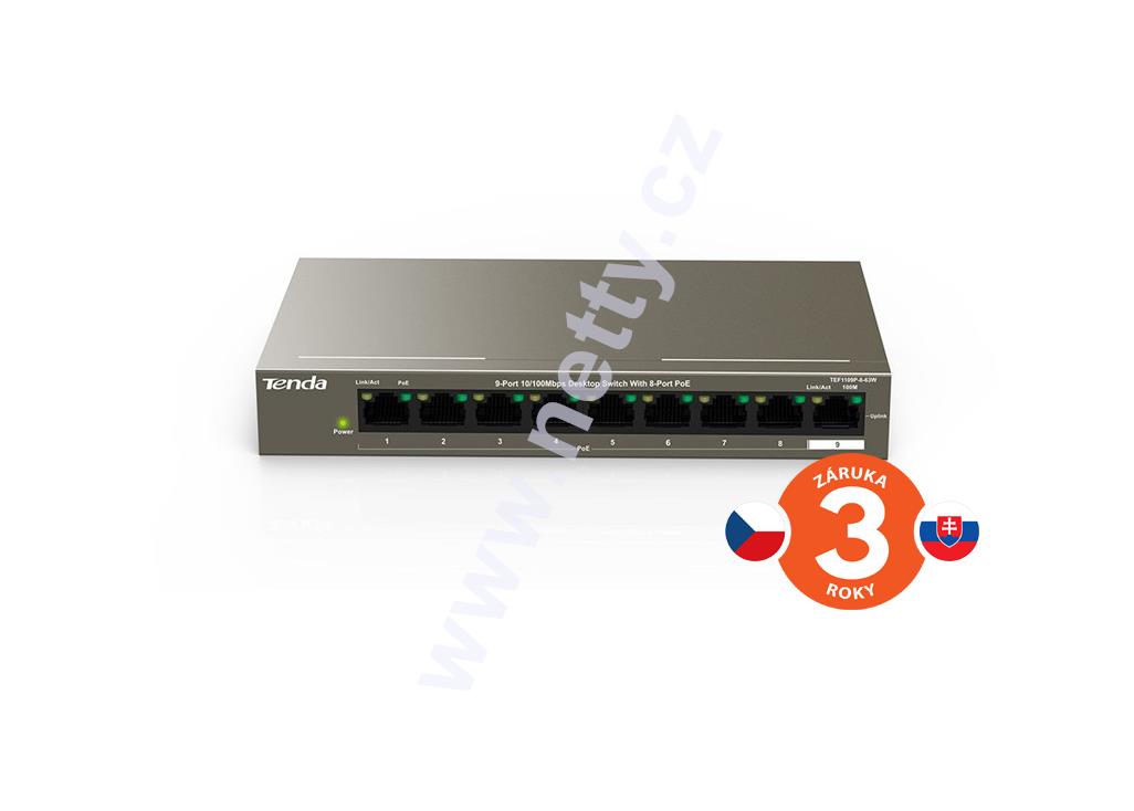 Tenda TEF1109P-8-63W PoE AT switch 63W,9xRJ45 Switch, 8xPoE 802.3at, 10/100Mbps, Fanl.,Kov