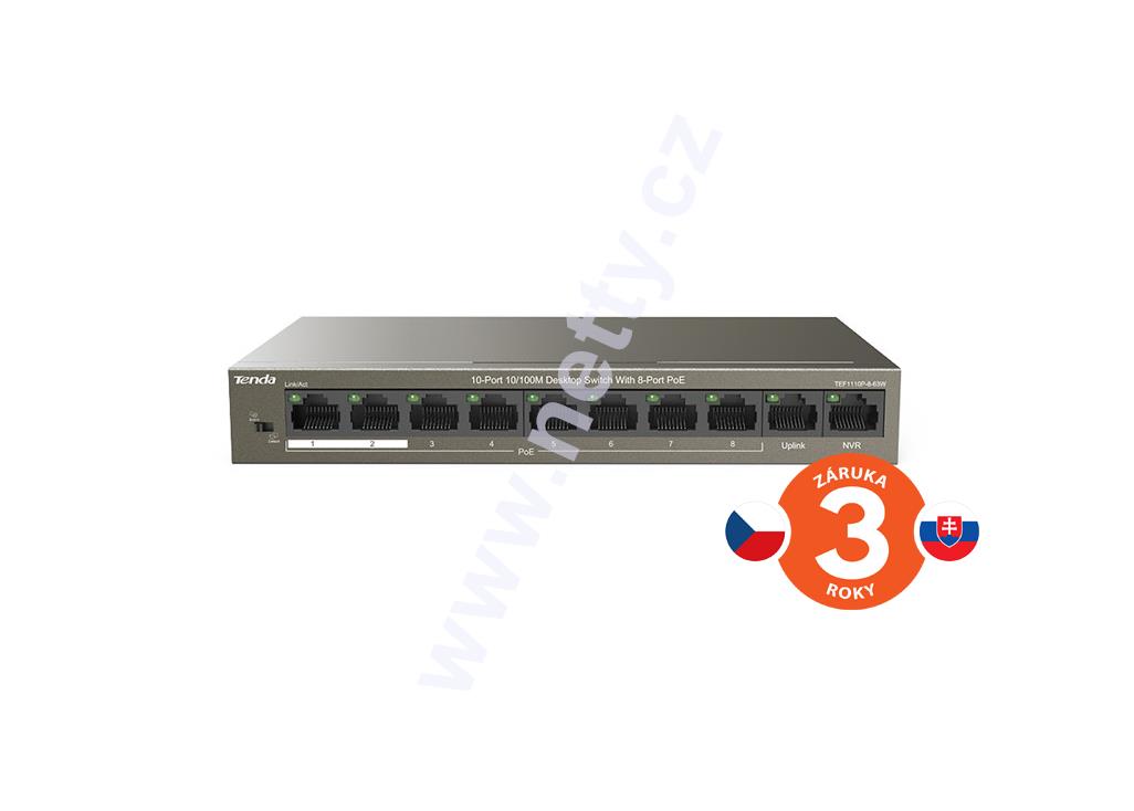 Tenda TEF1110P-8-63W PoE AT Switch 63Watt, 10xRJ45 Switch s 8xPoE 802.3at, 10/100Mbps, Kov