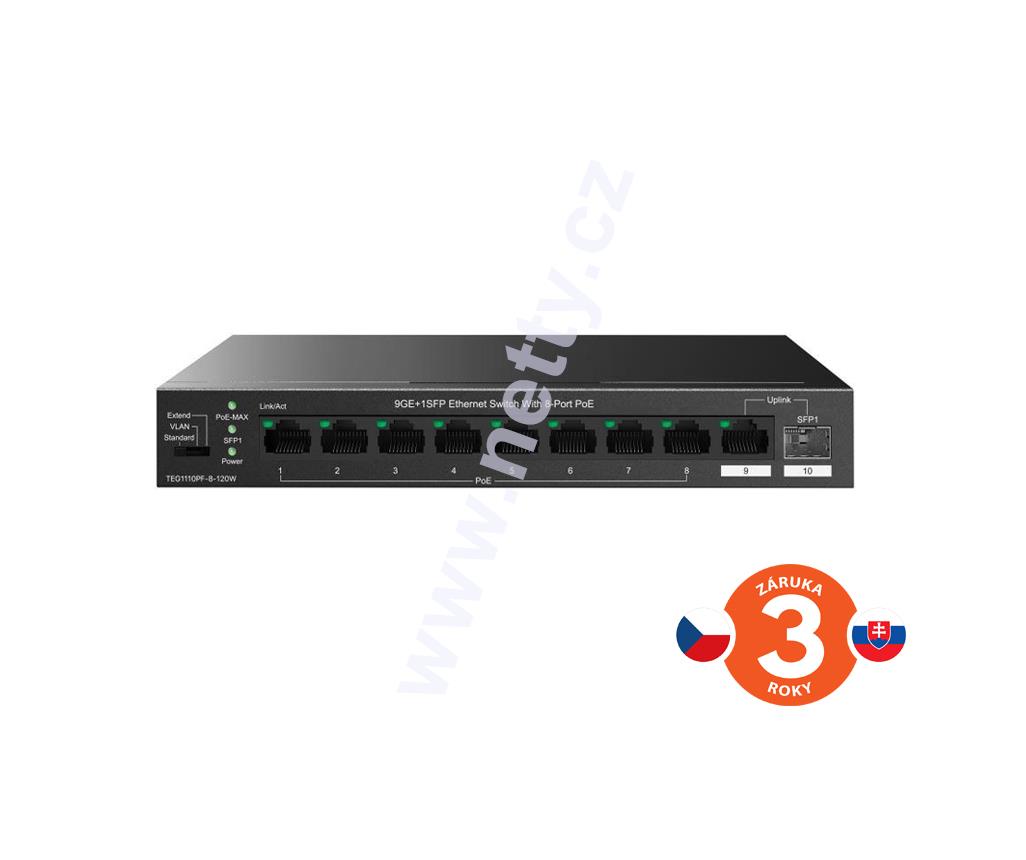 9×RJ45 Switch s 8×PoE RJ45 802.3af/at 10/100/1000Mbps + 1×SFP 100/1000 Mb/s,VLAN, 6kV,110W