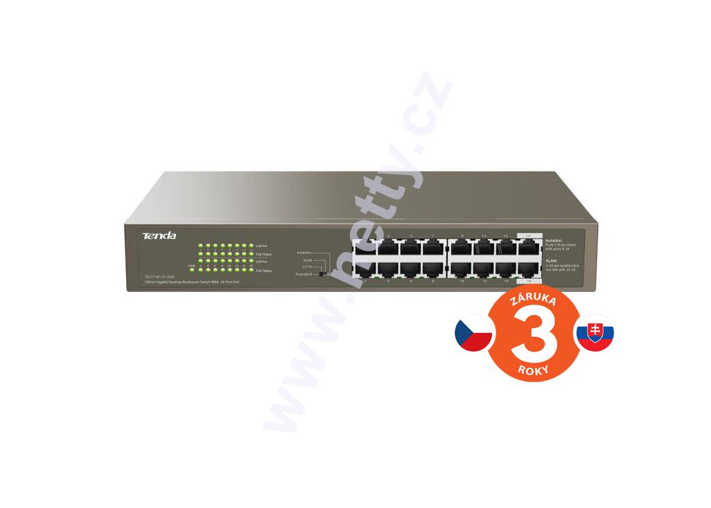 Tenda TEG1116P-16-150W 16xRJ45 Switch s 16xPoE 802.3af/at, 10/100/1000Mbps, 135W, fanless