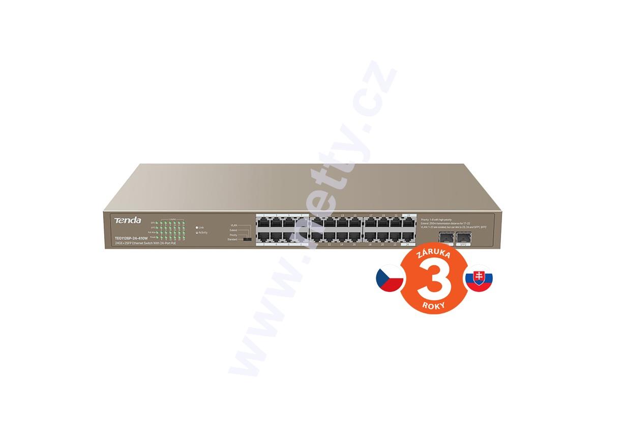 Tenda TEG1126P-24-410W 24xRJ45switch,24xPoE RJ45 802.3af/at 10/100/1000Mbps+2xSFP 1000Mbps