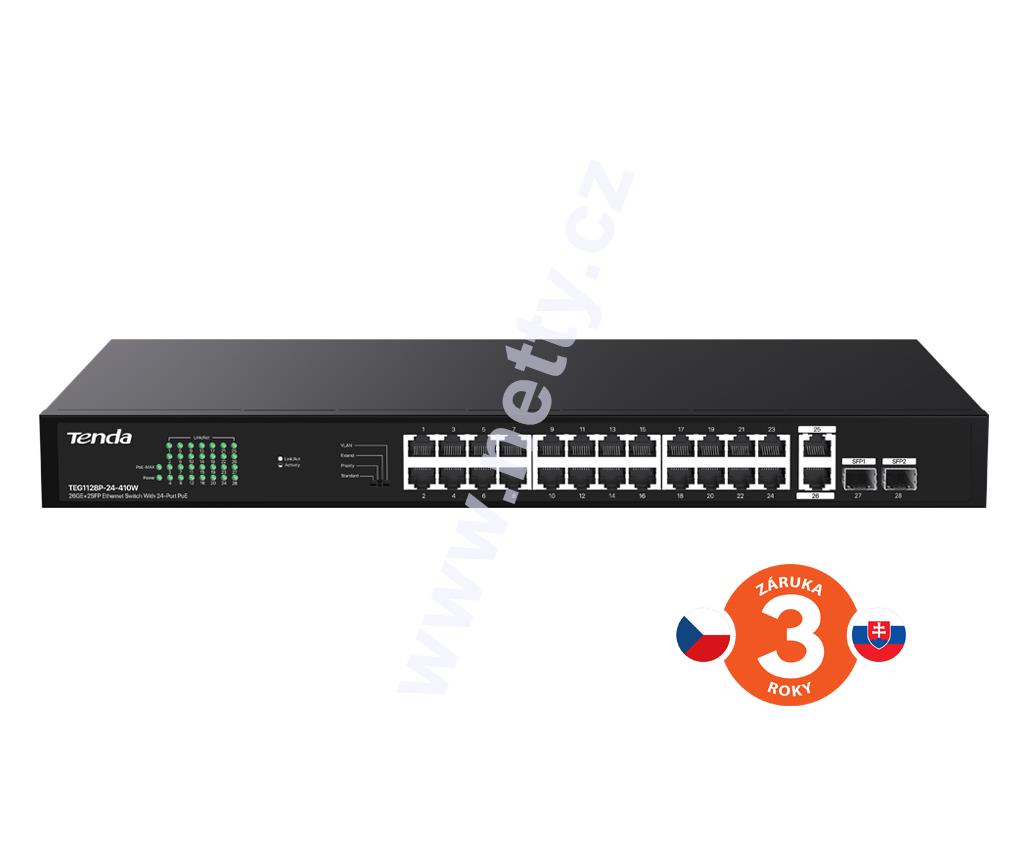 Tenda TEG1128P-24-410W: 24×PoE 802.3af/at 10/100/1000 Mb/s, Uplink 2×RJ45 + 2×SFP. 370 W.