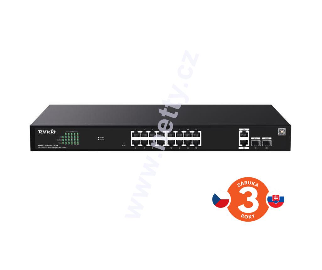 Tenda TEG2220P-16-250W Cloud PoE Managed Gigabit Switch, 16× PoE, 18× RJ45, 2× SFP