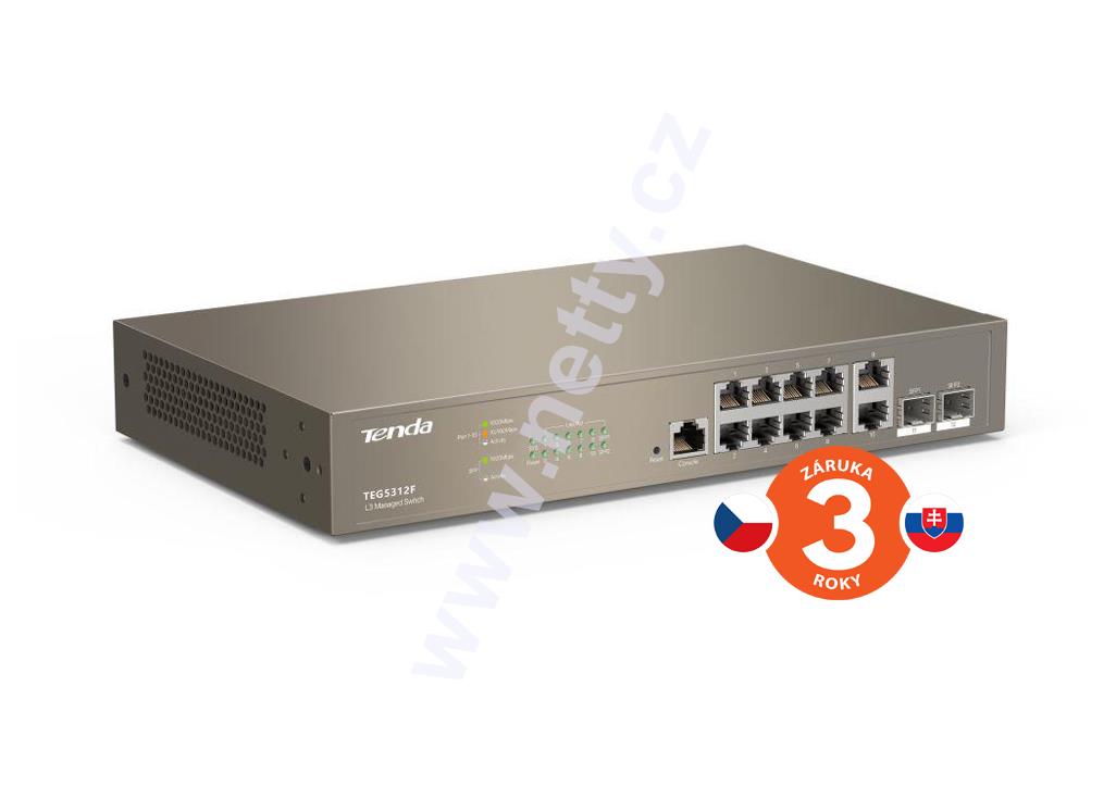 Tenda TEG5312F Managed L3 Gigabit Switch, 10× RJ45 10/100/1000 Mb/s, 2× SFP 1 Gb/s
