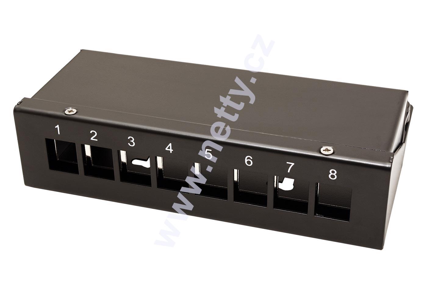 Patch panel pro keystone moduly UTP/STP, neosazený, černý, 8 portů, pro povrchovou montáž